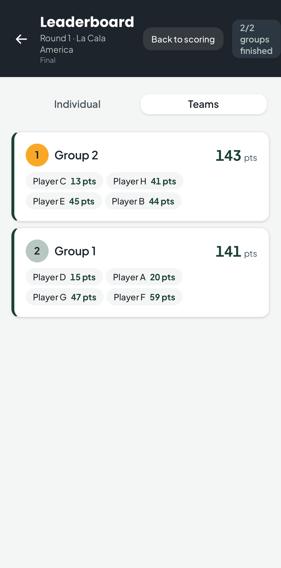 Fore Tour team leaderboard