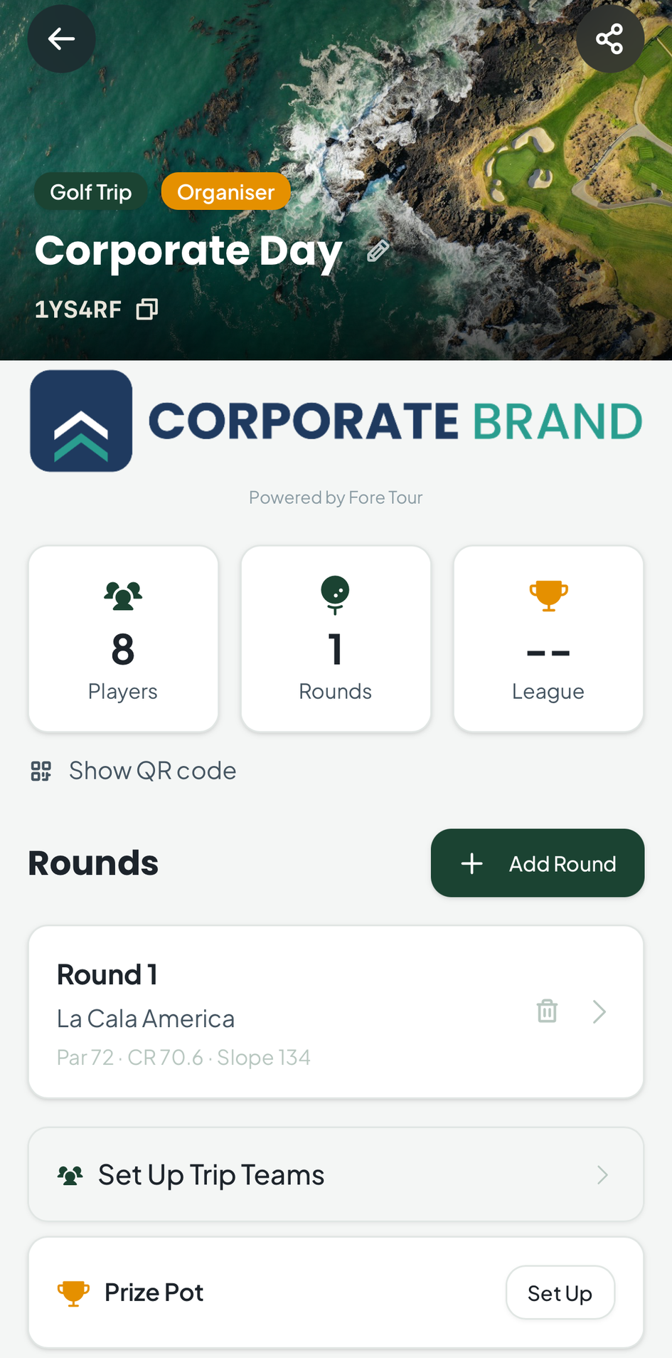 Fore Tour event dashboard with a club logo and cover photo